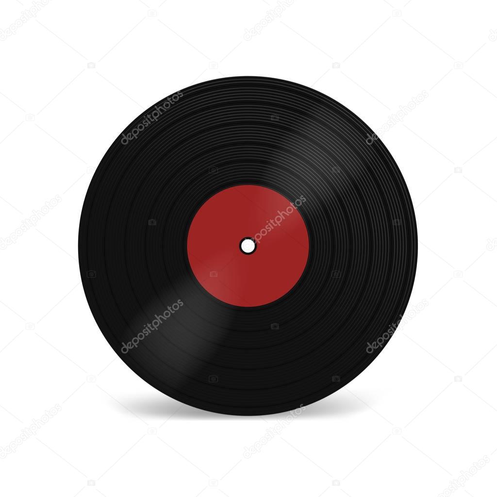 Vinyl LP record with red label. Black musical long play album disc 33 rpm. Old technology, realistic retro design, vector mockup illustration, isolated on white background.