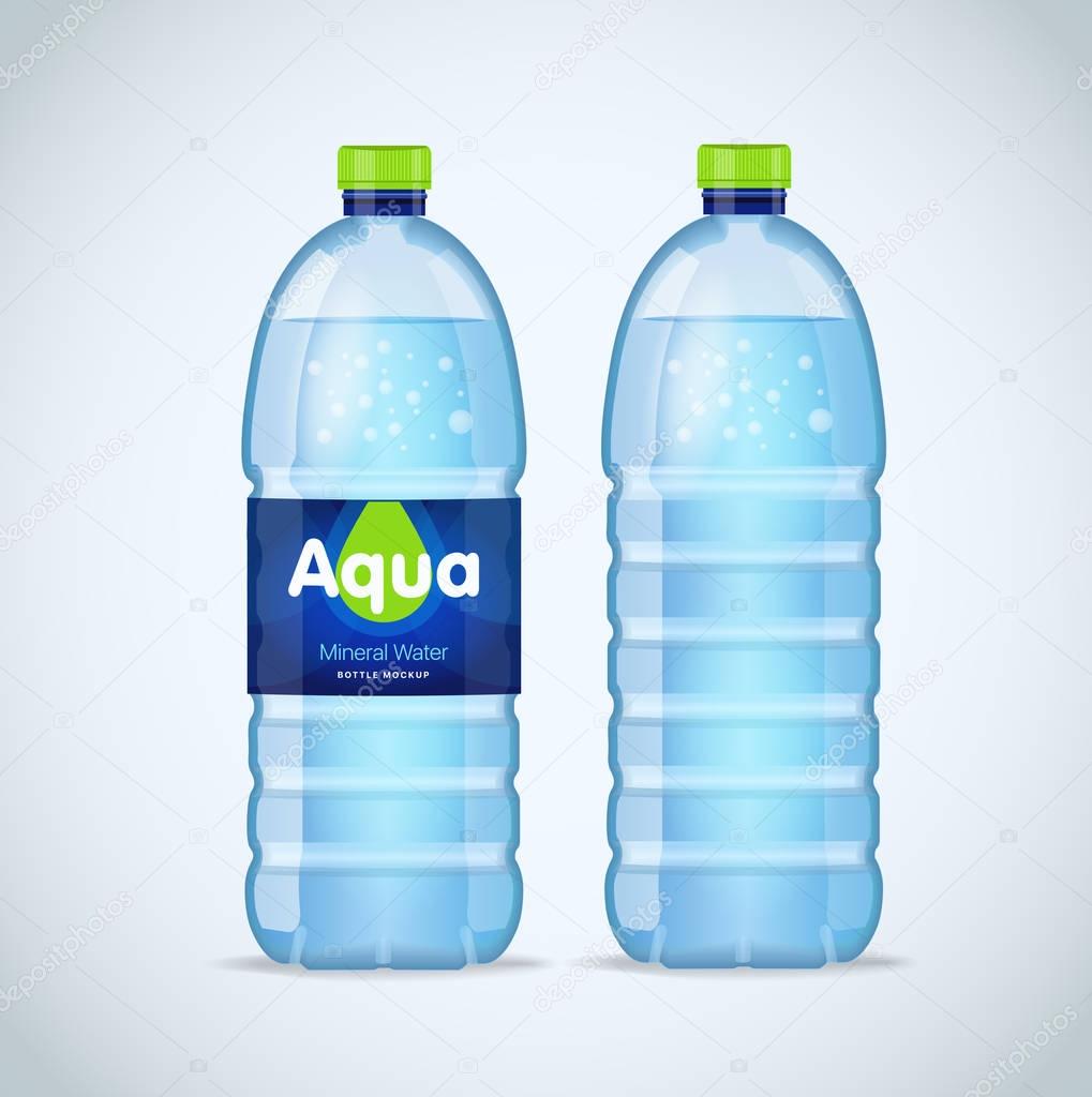 Realistic bottle with clean blue water isolated on the white background. Vector mockup. Front view