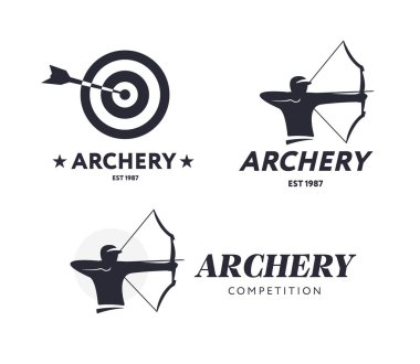 Soyut okçuluk logosu. Vektör rozet kavramı. Archer ile spor yay ve ok hedefle. Okçuluk yarışması.