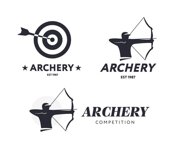 Logo abstrait du tir à l'arc. Concept de badge vectoriel. Archer avec arc de sport et cible avec flèche. Concours de tir à l'arc . — Image vectorielle