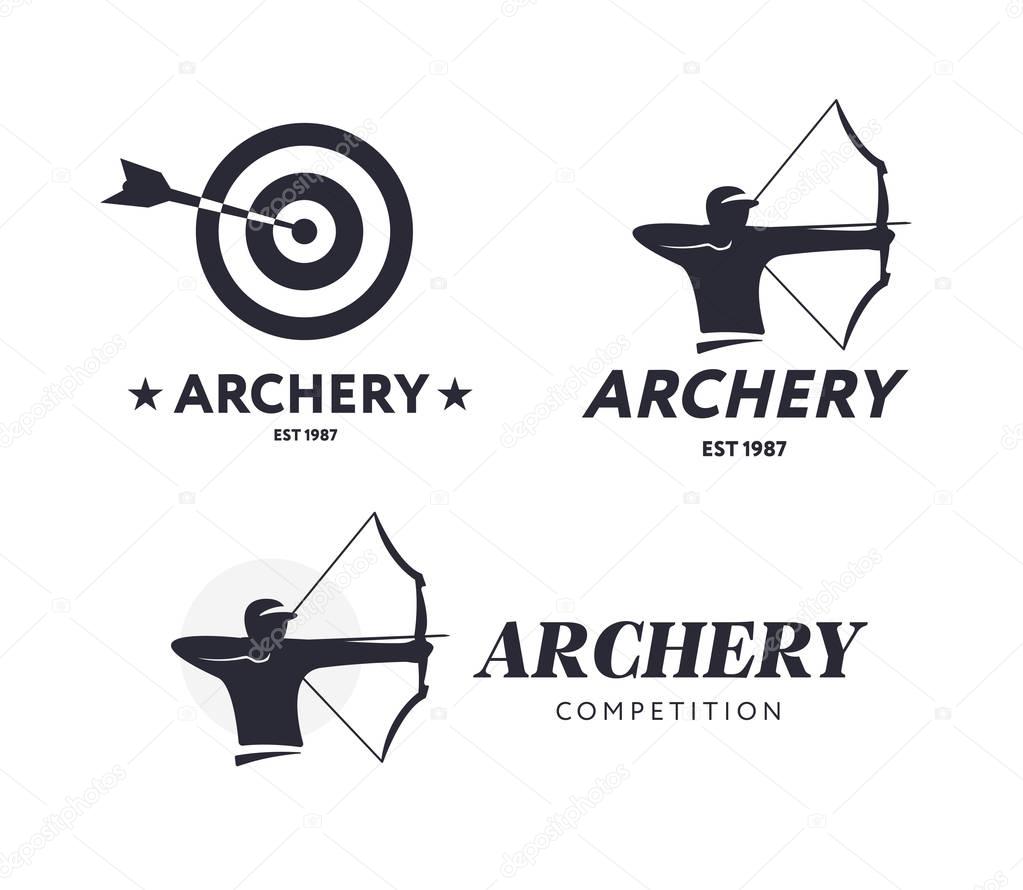 Abstract archery logo. Vector badge concept. Archer with sport bow and target with arrow. Archery competition