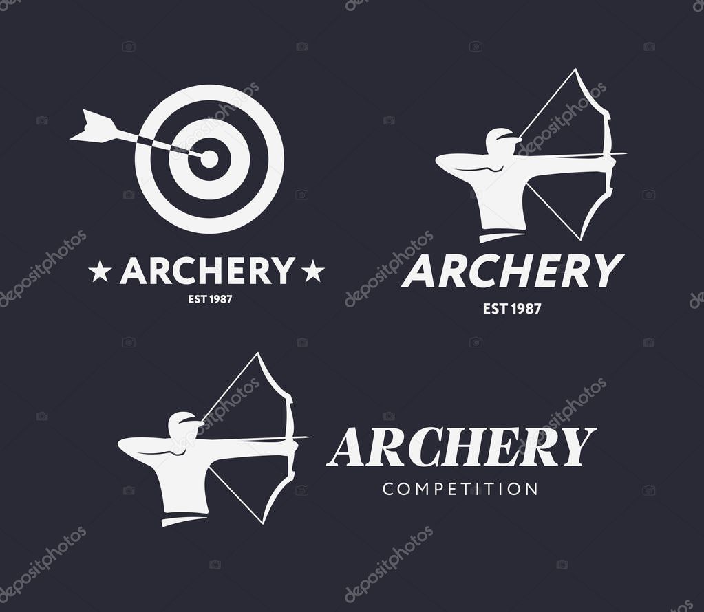 Abstract archery logo. Vector badge concept. Archer with sport bow and target with arrow. Archery competition