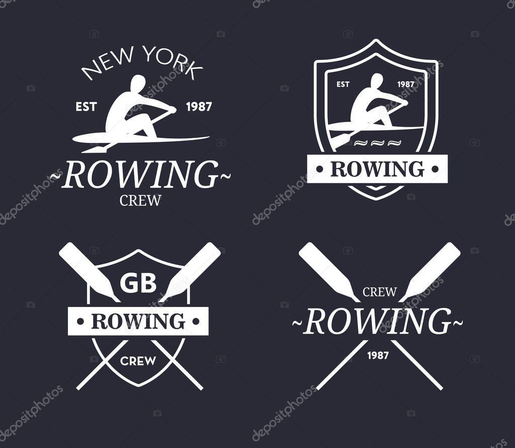 Rowing team logo. Vector emblem of rowing crew with paddles. Rower silhouette