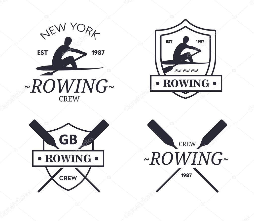 Rowing team logo. Vector emblem of rowing crew with paddles. Rower silhouette