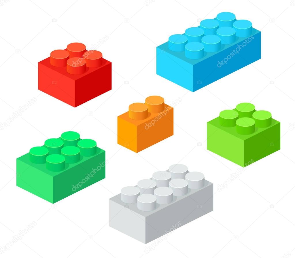 Isometric Plastic Building Blocks with shadow. Vector set of the colored bricks