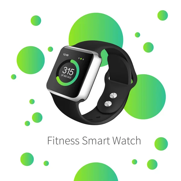 Green fitness watch on the white background with gradient bubbles. Realistic mesh illustration. — Stock Vector