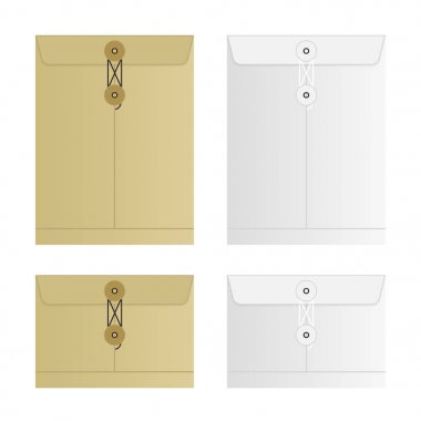 Beyaz arka plan üzerinde izole mühürlü mektup zarf seti bağlı. Vektör zarf şablonları koleksiyonu. Kahverengi, sarı ve beyaz renklerde. Üstten Görünüm.