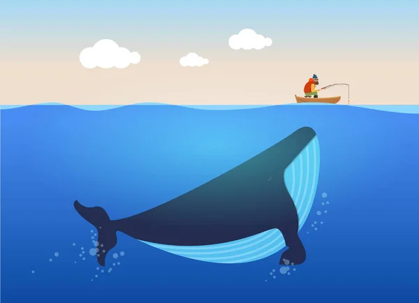 Illustration vectorielle du pêcheur et de l'énorme baleine sous l'eau. Concept d'affiche créative . — Image vectorielle