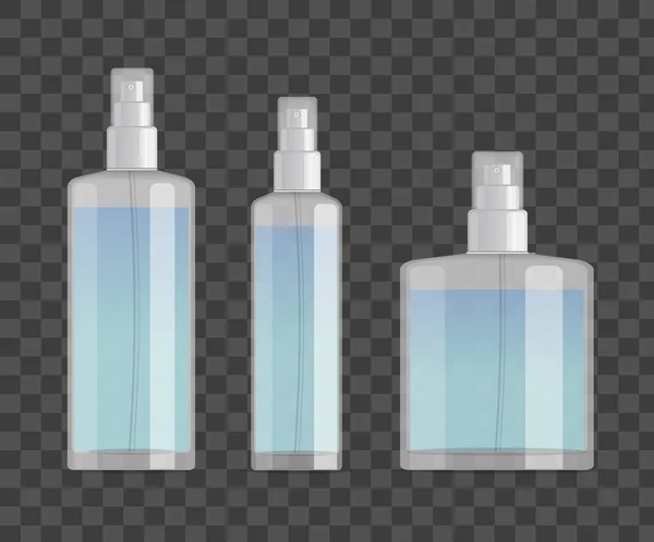 Cosmetic spray bottles set isolated on checkered background. Small, big and wide bottles. Realistic vector design. — Stock Vector