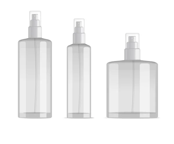 Botellas de spray cosmético conjunto aislado sobre fondo blanco. Botellas pequeñas, grandes y anchas. Diseño vectorial realista . — Vector de stock