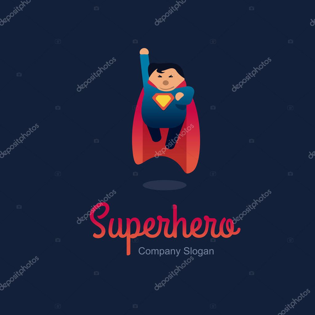 Superhero logo concept. Fat character flying. Flat style