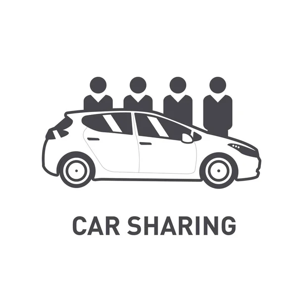 Condivisione auto. Un gruppo di persone dietro l'auto. Design piatto. Icona linea — Vettoriale Stock