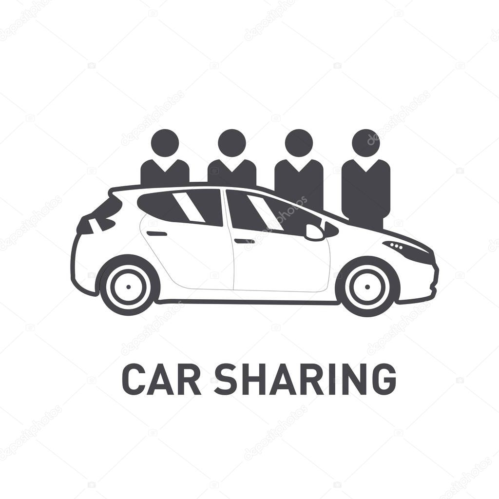 Car Sharing. Group of people behind car. Flat design. Line icon.