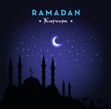 Ramazan Kareem tebrik kartı Camii ve gece gökyüzü ile. Ay ve yıldız. Vektör çizim