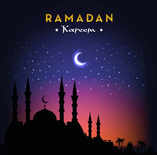 Ramadan Kareem z życzeniami z meczetu i nocne niebo. Księżyc i gwiazdy. Ilustracja wektorowa. — Wektor stockowy