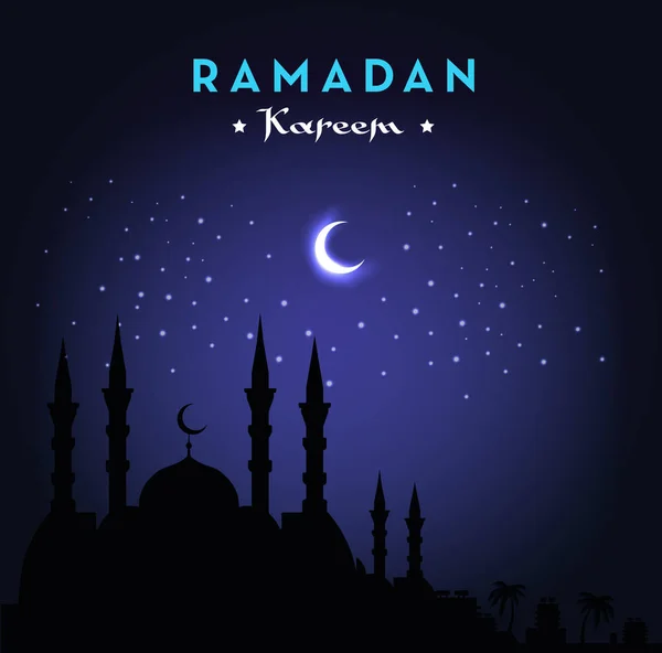 Ramadan Kareem z życzeniami z meczetu i nocne niebo. Księżyc i gwiazdy. Ilustracja wektorowa — Wektor stockowy