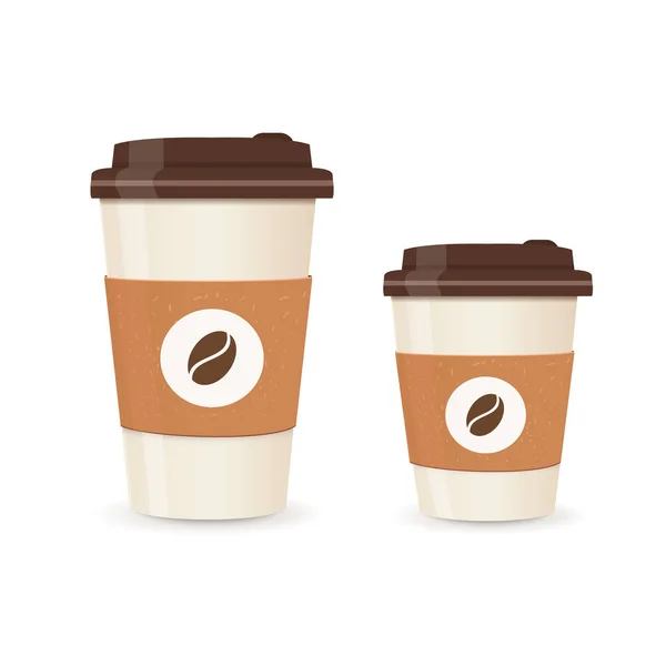 Set di tazze da caffè in carta realistica. Grandi e piccole dimensioni. Caffè da asporto. Illustrazione vettoriale . — Vettoriale Stock