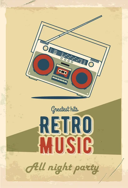 Retro party poszter design. Zenei esemény éjszakai klubban. Vintage meghívó sablon. Grunge hatás. Régi kazettás magnó. — Stock Vector