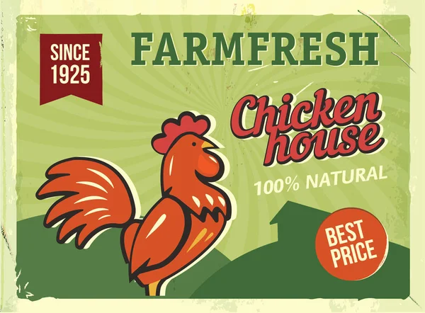 Grunge retro metal sign with chicken. Vintage advertising poster. Farm fresh. Old fashioned design. — Stock Vector