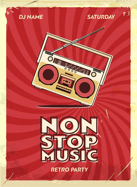 Retro parti afiş tasarımı. Gece kulübü, müzik etkinliği. Vintage davet şablonu. Grunge efektler. Eski kaset kaset kaydedici. — Stok Vektör