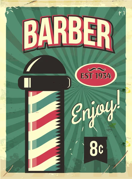 Grunge retro metal sign with barber pole. Barbershop flyer. Vintage poster. Old fashioned design. — Stock Vector