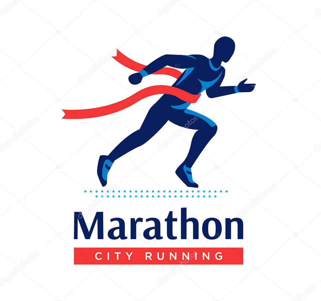Running marathon logo or label. Runner with red ribbon. Vector flat symbol