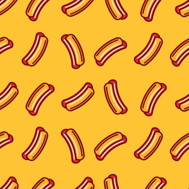 Sosisli sandviç vektör seamless modeli. Ekmeği ve sosis. Düz stil. Sarı arka plan.