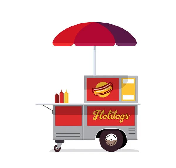 Chariot de hot-dog. Service de restauration rapide vendeur stand. Entreprise de vente de kiosques. Style plat. Illustration vectorielle . — Image vectorielle