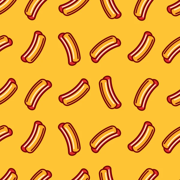 Modello senza soluzione di continuità vettore hot dog. Panini e salsicce. Stile piatto. sfondo giallo . — Vettoriale Stock