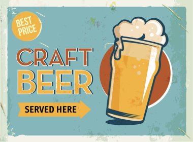 Grunge metal işareti bira ile. Bardak soğuk zanaat bira. VINTAGE poster. Yol tabela. Eski moda tasarım.