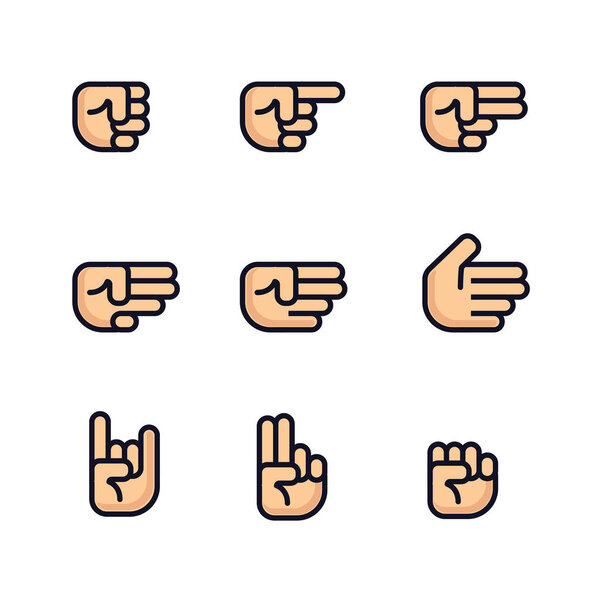 Cartoon hands set. Different gestures of fist. Isolated vector illustration. Flat line design.