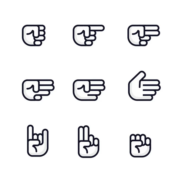 Cartoon handen set. Verschillende gebaren van vuist. Geïsoleerde vectorillustratie. Platte lijn ontwerp. — Stockvector