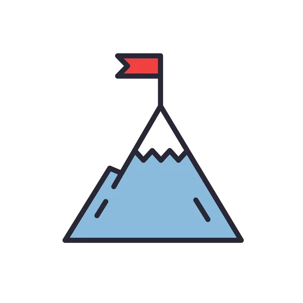 Montagne avec drapeau sur un pic. Illustration de leadership. icône de succès. Conception de ligne — Image vectorielle