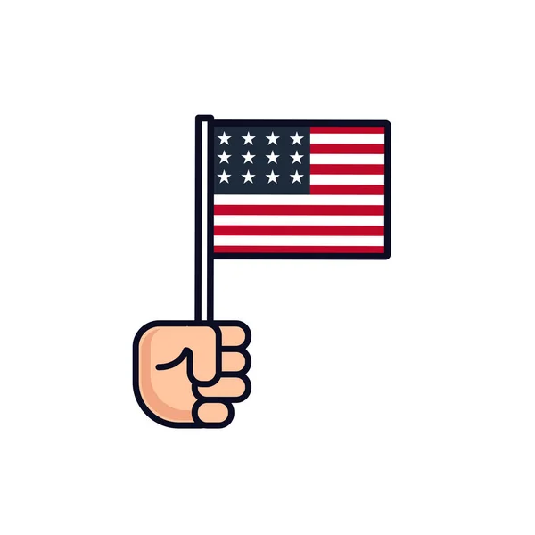 4 juli. Patriotiska ikonen. Självständighetsdagen av Amerika. etikett. Hand med amerikanska flaggan isolerad på vit bakgrund. Nationella firandet. Flat line design. — Stockfoto