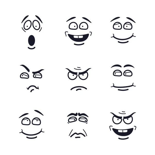 Caras de dibujos animados vectoriales con expresiones. Emoción puesta. Asustado, feliz, sonriente, escéptico, indigno, pensativo, avergonzado, molesto, insidioso — Vector de stock