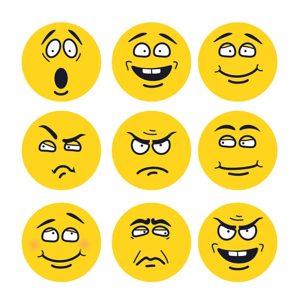 Caras de dibujos animados vectoriales con expresiones. Emoción puesta. Asustado, feliz, sonriente, escéptico, indigno, pensativo, avergonzado, molesto, insidioso — Vector de stock