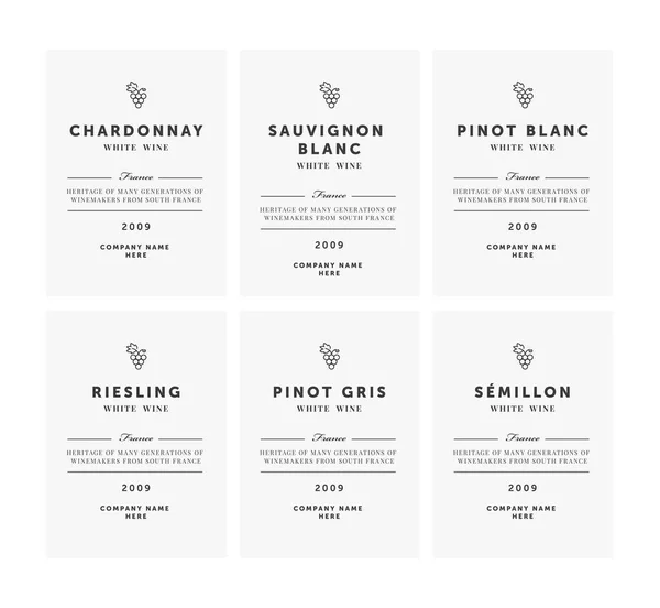 Witte wijn etiketten. Vector premie sjabloon set. Schoon en modern design. Shardonnay, Riesling, Pinot Blanc, Sauvignon, Semillion. — Stockvector