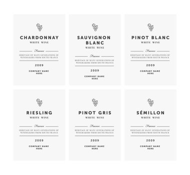Beyaz şarap etiketleri. sigorta primi şablon kümesi. Temiz ve modern tasarım. Shardonnay, Pinot Blanc, Riesling, Sauvignon, Semillion.