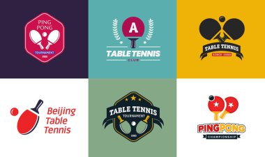 Vintage renk Masa Tenisi logolar ve rozetleri kümesi. Ping pong Şampiyonası etiketleri topluluğu.