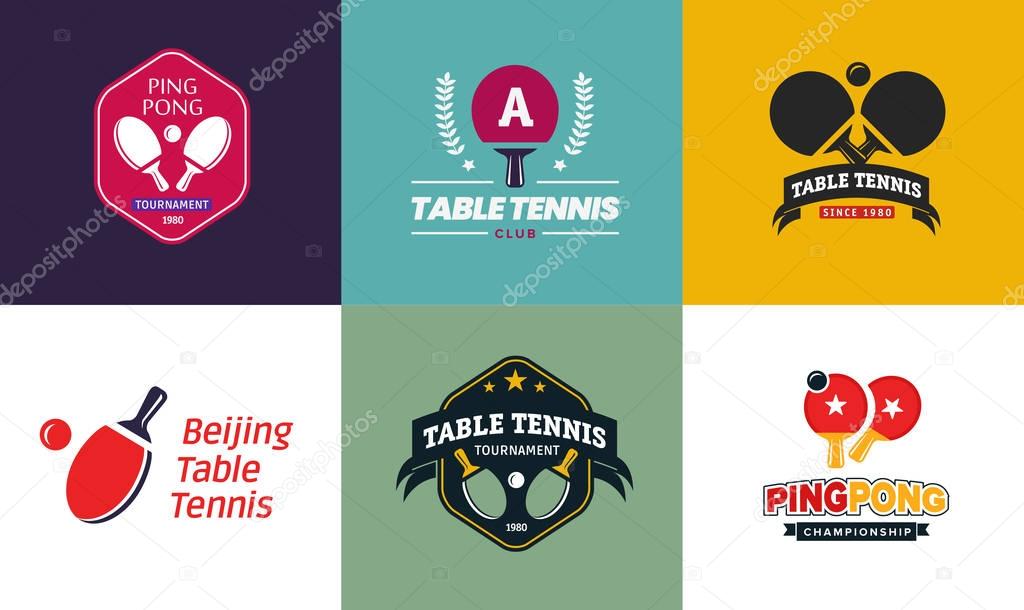 Set of vintage color table tennis logos and badges. Collection of the ping pong championship labels