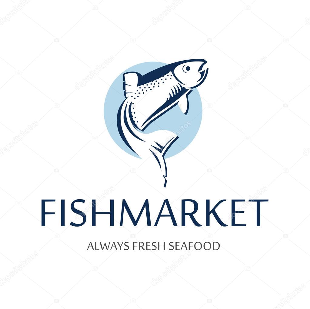 Fish market logo. Retro badge of blue silhouette of salmon. Vintage premium label for seafood restaurant