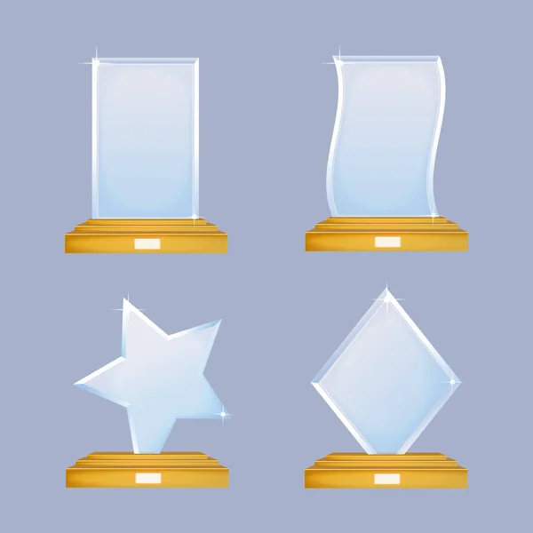 Trofeo de vidrio vacío entrega vector conjunto. Premios transparentes brillantes para los ganadores. Maqueta vectorial . — Archivo Imágenes Vectoriales