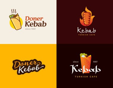 Döner kebap logo şablonlar kümesi. Türk ve Arap fast food Restoran için vektör yaratıcı etiketleri.