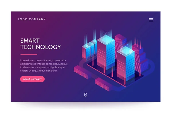 Ilustração de tecnologia inteligente. Banner web com luz de néon e edifícios modernos. Estilo gradiente isométrico. Conceito de página inicial. UI design mockup . —  Vetores de Stock