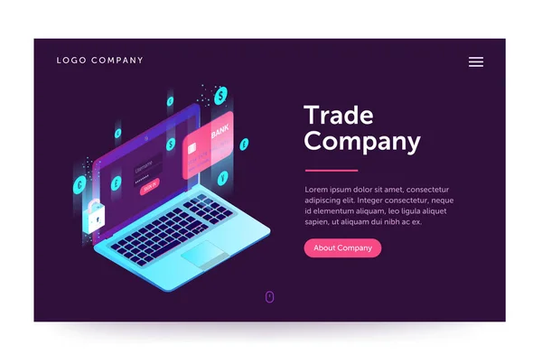 Ilustração da empresa comercial. Banner web com laptop e moeda. Estilo gradiente isométrico. Conceito de página inicial. UI design mockup . —  Vetores de Stock