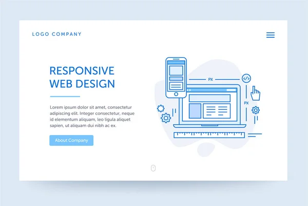 Design responsivo ilustração. Banner da Web. Estilo de linha plana azul. Conceito de página inicial. UI design mockup . — Vetor de Stock