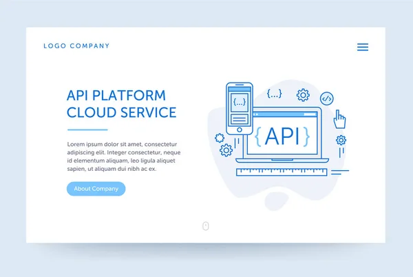 API platform illustratie. Webbanner. Blauw platte lijnstijl. Startpagina-concept. UI design mockup. — Stockvector