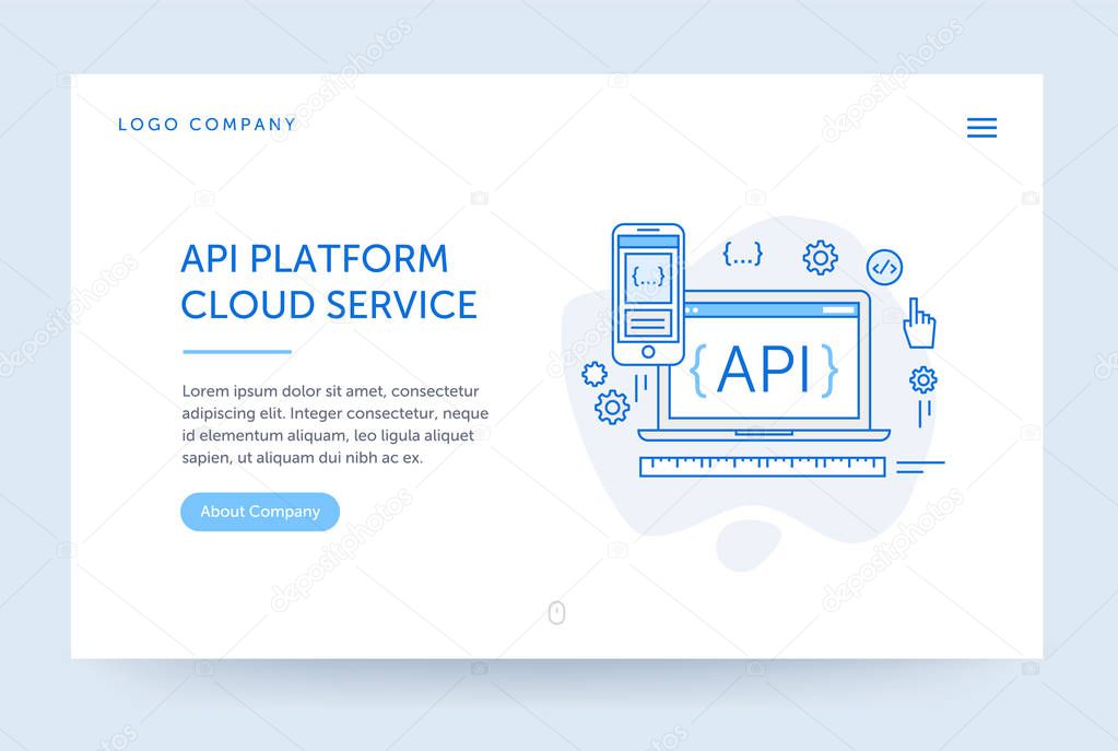 API platform illustration. Blue flat line style. Home page concept. Web design mockup