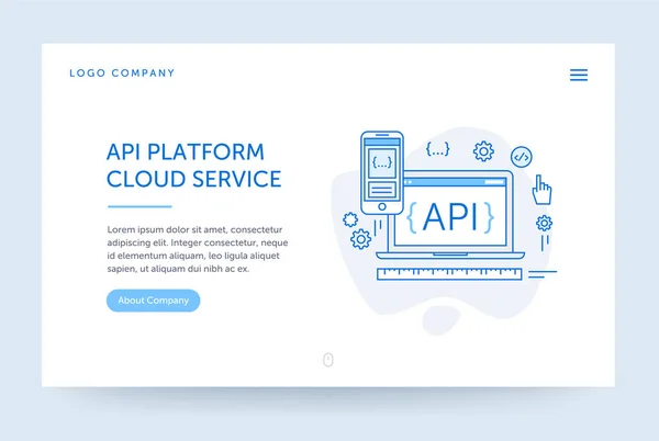 Ilustração da plataforma API. Banner da Web. Estilo de linha plana azul. Conceito de página inicial. UI design mockup . — Fotografia de Stock