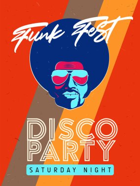 Disko partisi el ilanı. Yaratıcı VINTAGE poster koleksiyonu. Vektör retro stil şablonu. Siyah erkek güneş gözlüğü.